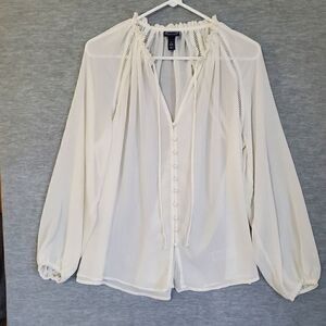 Scoop Blouse Womens Medium 8-10 White Ivory Long Sleeve Lace Trim Tie Neck Top